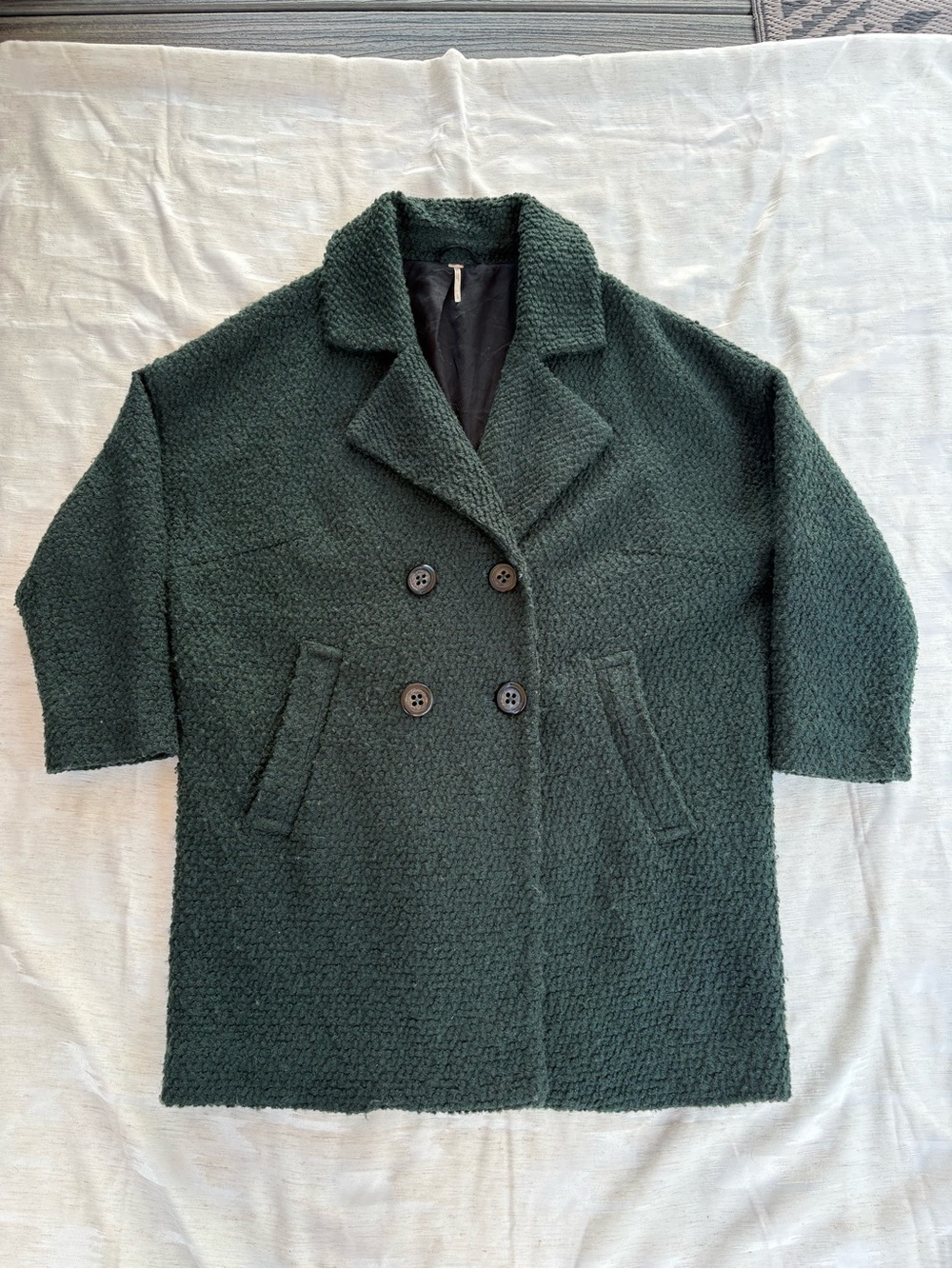 Free People Green Boucle Teddy Peacoat Double Breasted Wool Blend Coat Jacket